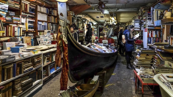 Cozy bookstore with boat display